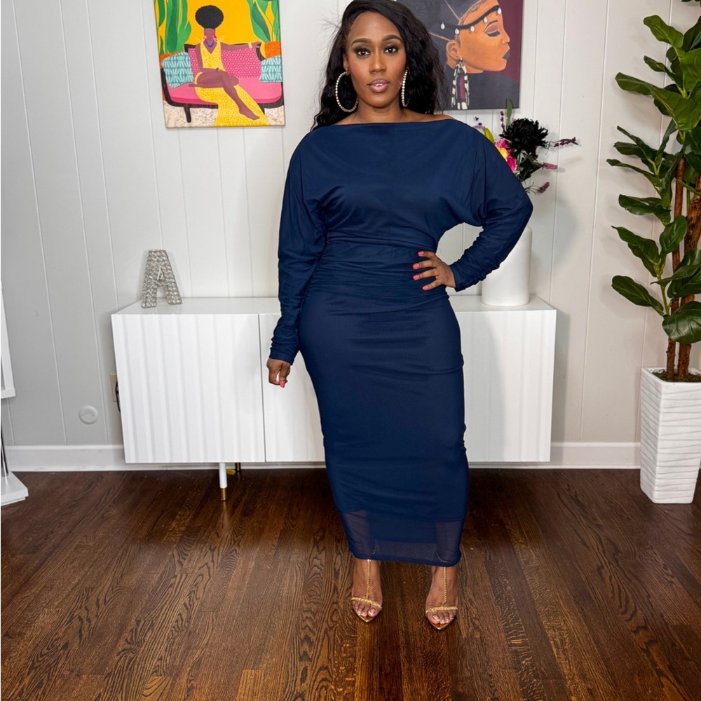 Elegant Navy Blue off the shoulder Dress